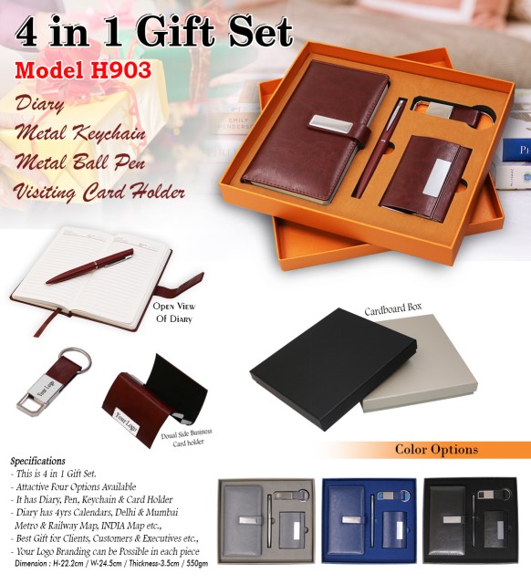 4 in 1 gift set diary, metal keychain, metal ball pen, visiting card holder